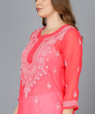 Vahson women's lucknow chikankari hand embroidered georgette a-line kurta red 5