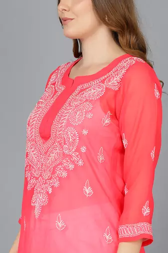 Vahson women's lucknow chikankari hand embroidered georgette a-line kurta red