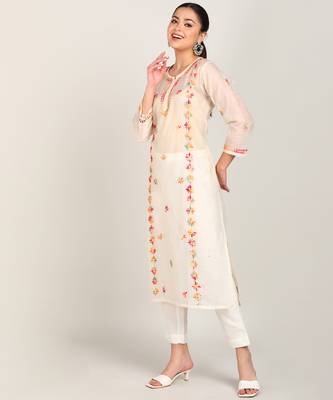 Vahson chikankari hand embroidered sheer straight handloom chanderi a-line kurta beige 1