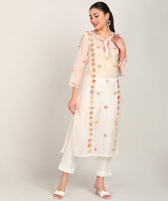 Vahson chikankari hand embroidered sheer straight handloom chanderi a-line kurta beige 2