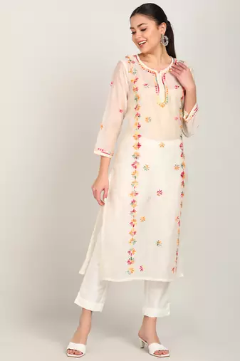 Vahson chikankari hand embroidered sheer straight handloom chanderi a-line kurta beige