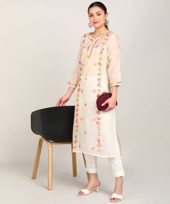 Vahson chikankari hand embroidered sheer straight handloom chanderi a-line kurta beige 3