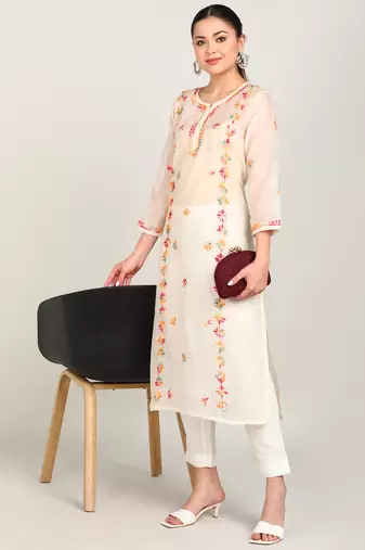 Vahson chikankari hand embroidered sheer straight handloom chanderi a-line kurta beige