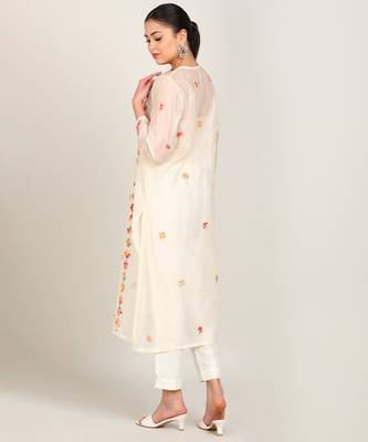 Vahson chikankari hand embroidered sheer straight handloom chanderi a-line kurta beige 4