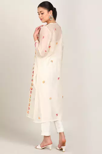 Vahson chikankari hand embroidered sheer straight handloom chanderi a-line kurta beige