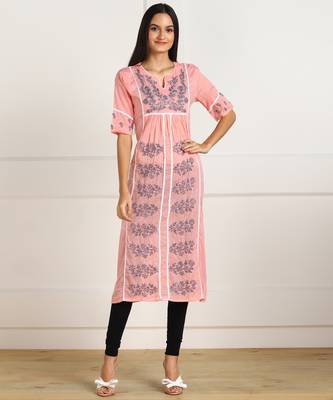 Vahson lucknow chikan hand embroidered cotton a-line pink kurta for women 1
