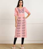 Vahson lucknow chikan hand embroidered cotton a-line pink kurta for women