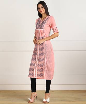 Vahson lucknow chikan hand embroidered cotton a-line pink kurta for women 4