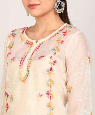 Vahson chikankari hand embroidered sheer straight handloom chanderi a-line kurta beige 5