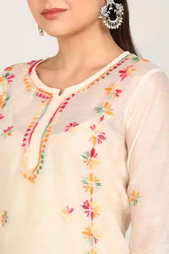 Vahson chikankari hand embroidered sheer straight handloom chanderi a-line kurta beige