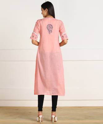 Vahson lucknow chikan hand embroidered cotton a-line pink kurta for women 5