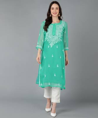 Vahson women's lucknow chikankari hand embroidered georgette a-line kurta green 1