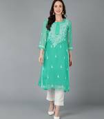 Vahson women's lucknow chikankari hand embroidered georgette a-line kurta green