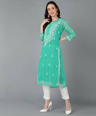 Vahson women's lucknow chikankari hand embroidered georgette a-line kurta green 2