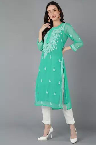 Vahson women's lucknow chikankari hand embroidered georgette a-line kurta green