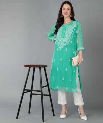 Vahson women's lucknow chikankari hand embroidered georgette a-line kurta green 3