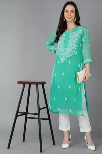 Vahson women's lucknow chikankari hand embroidered georgette a-line kurta green