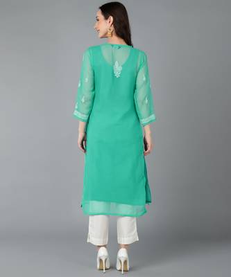Vahson women's lucknow chikankari hand embroidered georgette a-line kurta green 4