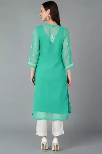 Vahson women's lucknow chikankari hand embroidered georgette a-line kurta green
