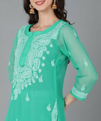 Vahson women's lucknow chikankari hand embroidered georgette a-line kurta green 5
