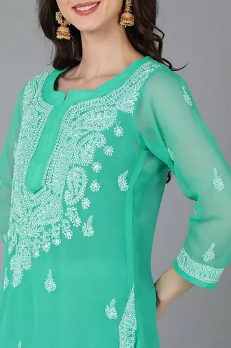 Vahson women's lucknow chikankari hand embroidered georgette a-line kurta green