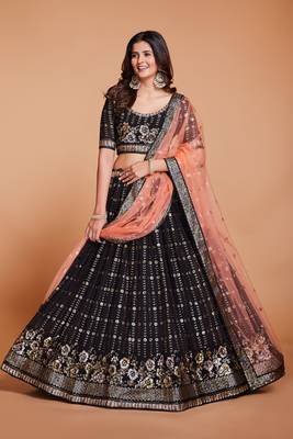EILARA WOMEN'S BLACK GEORGETTE WITH SEQUINS AND EMBROIDERY WORK PARTY WEAR  LEHENGA CHOLI 1