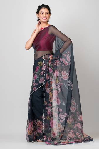 Indiloom Black beadwork scalloping Organza Saree With Blouse Piece