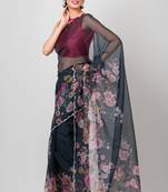Indiloom Black beadwork scalloping Organza Saree With Blouse Piece