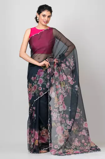 Indiloom Black beadwork scalloping Organza Saree With Blouse Piece