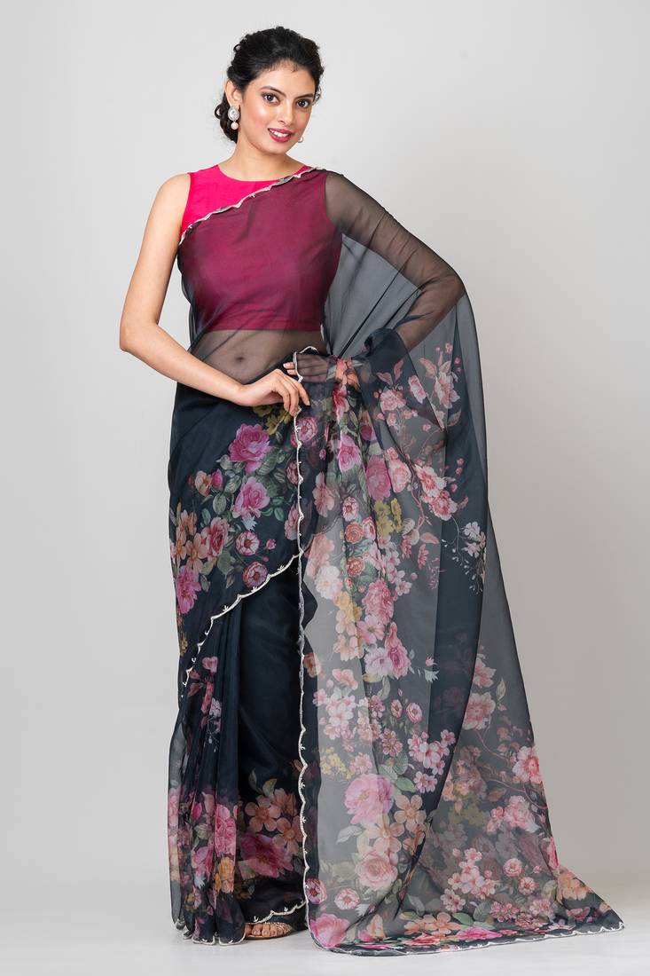 Indiloom Black beadwork scalloping Organza Saree With Blouse Piece