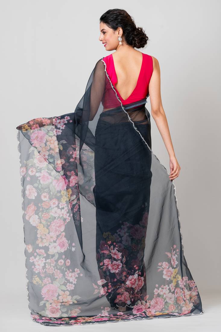 Indiloom Black beadwork scalloping Organza Saree With Blouse Piece