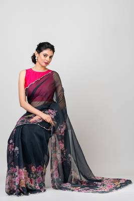Indiloom Black beadwork scalloping Organza Saree With Blouse Piece 4