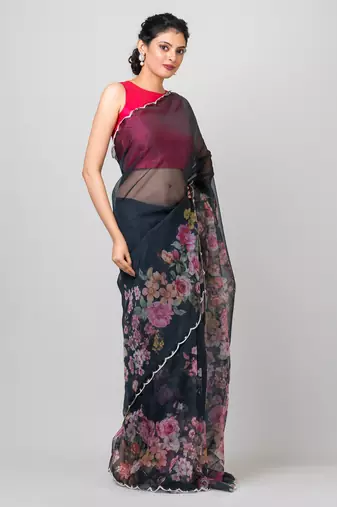 Indiloom Black beadwork scalloping Organza Saree With Blouse Piece