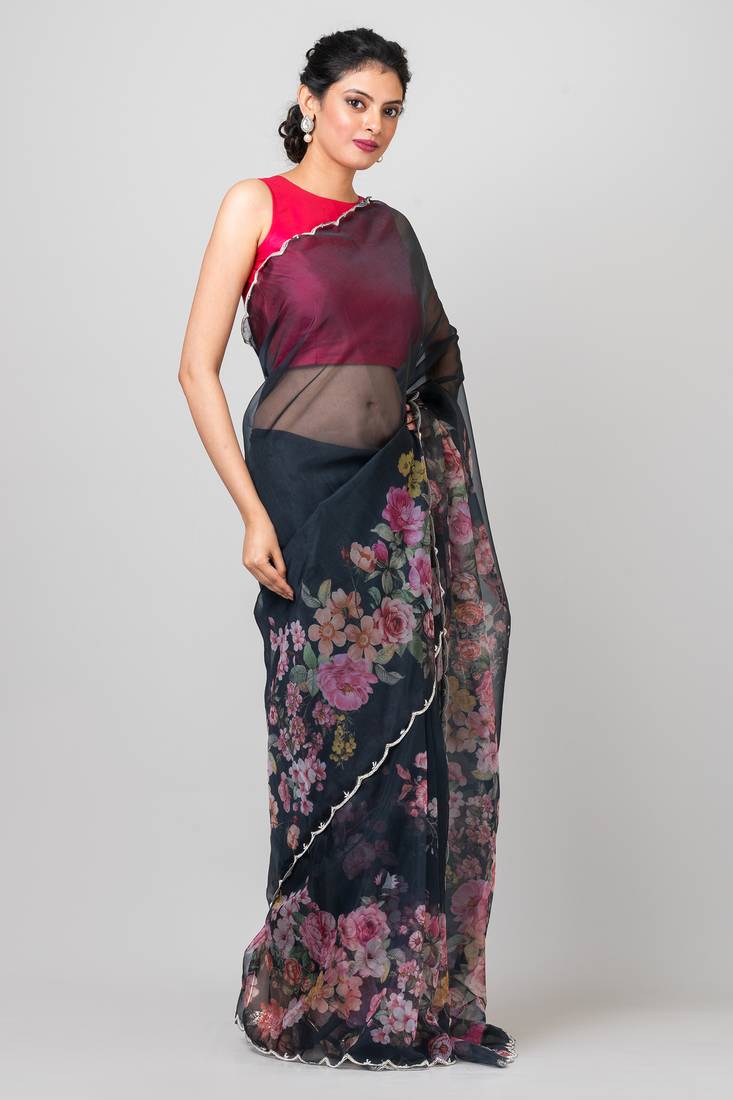 Indiloom Black beadwork scalloping Organza Saree With Blouse Piece