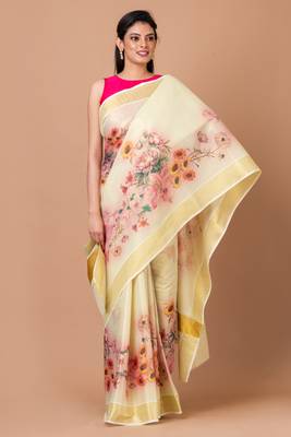 Indiloom Yellow Digital Print Kasavu Kerela Cotton Saree With Blouse Piece 1