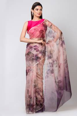 Indiloom Beige Handwork bead scallopingDigital Print Organza Saree With Blouse Piece 1