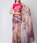 Indiloom Beige Handwork bead scallopingDigital Print Organza Saree With Blouse Piece