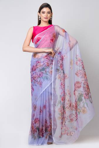 Indiloom Sky Blue Colorful Floral Digital Print Organza Saree With Blouse Piece