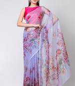 Indiloom Sky Blue Colorful Floral Digital Print Organza Saree With Blouse Piece