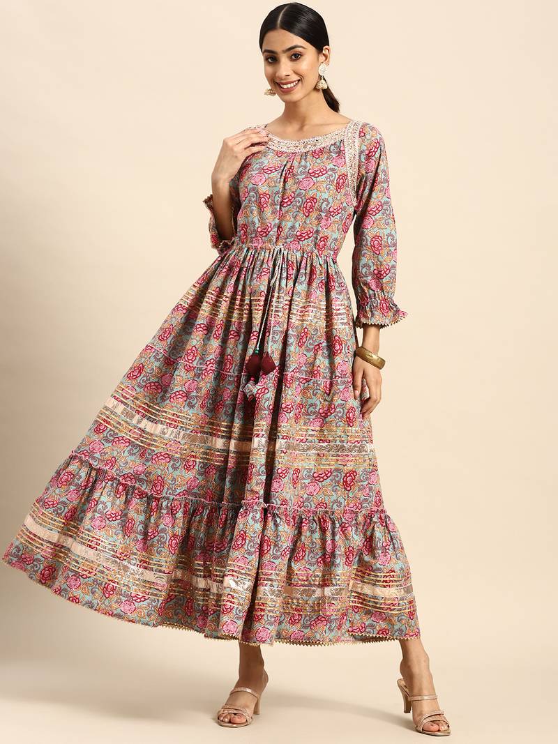 Rangmayee floral print puff sleeves embellished tiered maxi ethnic dress -  Rangmayee - 4267708