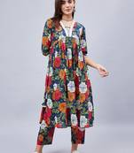 Winered woman navy blue floral print with embroidery naira cut kurta set