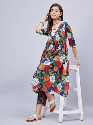 Winered woman navy blue floral print with embroidery naira cut kurta set 2
