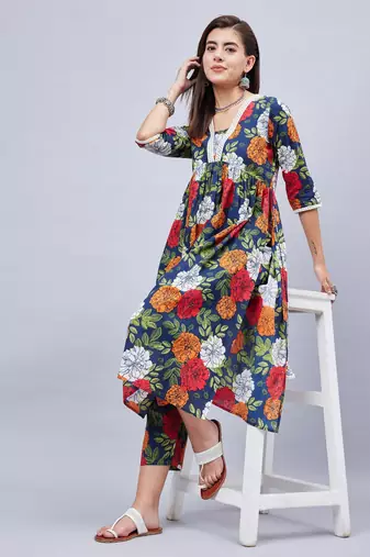 Winered woman navy blue floral print with embroidery naira cut kurta set