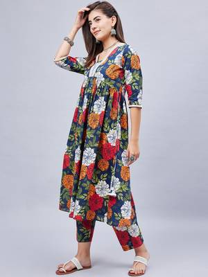 Winered woman navy blue floral print with embroidery naira cut kurta set 3