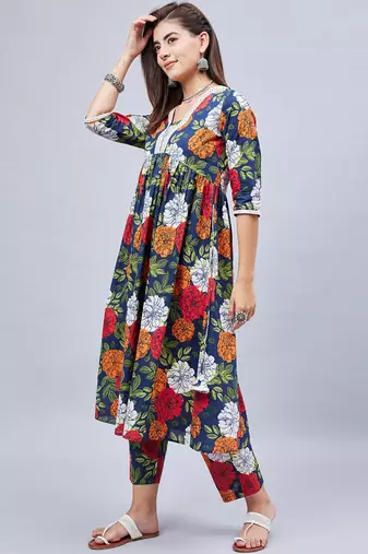 Winered woman navy blue floral print with embroidery naira cut kurta set