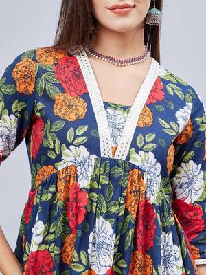 Winered woman navy blue floral print with embroidery naira cut kurta set 4