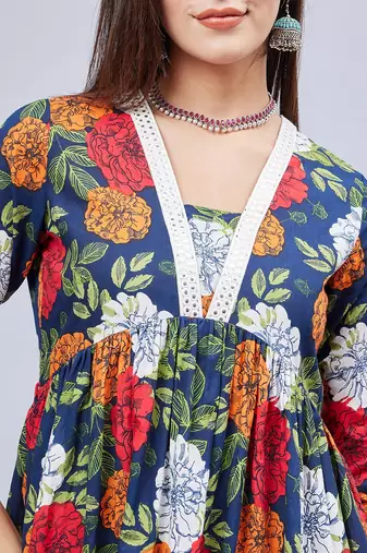 Winered woman navy blue floral print with embroidery naira cut kurta set