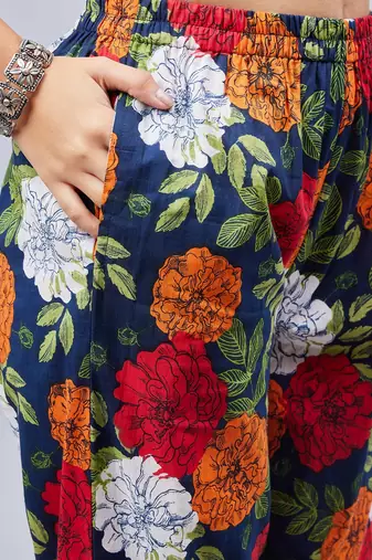 Winered woman navy blue floral print with embroidery naira cut kurta set