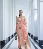 Peach Zari Modal Weaving Kora Silk Saree For Women Wedding Special Festive Occasion Saree