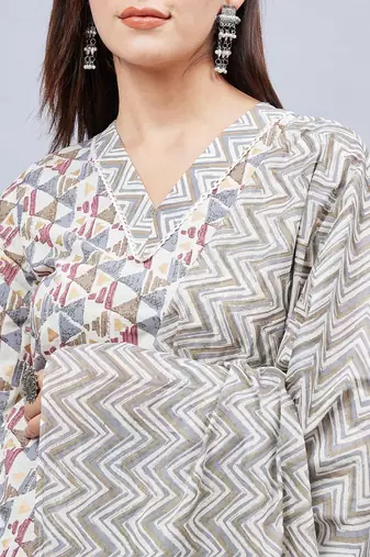 Winered woman off-white geometric print with lace detailed sleeve kurta dupatta set